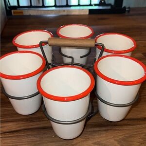 Hearth & Hand White and Red Enamel Mug Set with Holder